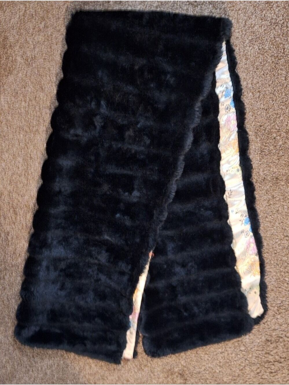 Black Faux Fur Stole with Patterned Silk Lining Evening Wrap